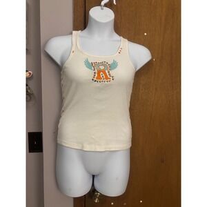 Y2K Roquest Cream Ribbed Tank Top with R Angel Wings Embellishment Size L